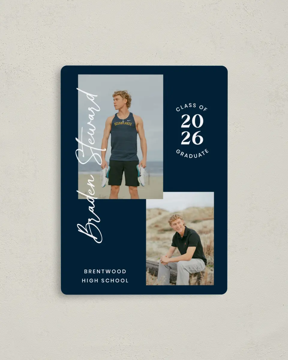 This is a 4" x 5½" Graduation Announcement Magnet called Sporty Grad printed in full color with a Luxe Satin finish