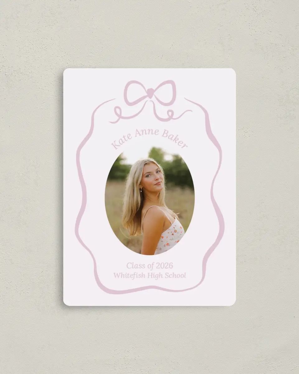 This is a 4" x 5½" Graduation Announcement Magnet called Bow Grad printed in full color with Gold foil and a Luxe Satin finish