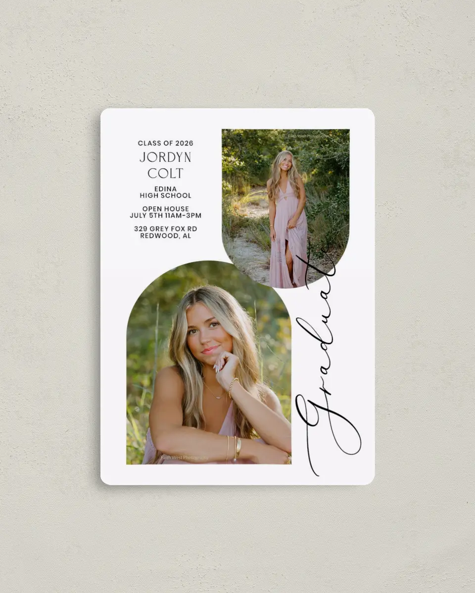 This is a 4" x 5½" Graduation Announcement Magnet called Refined Moment printed in full color with a Luxe Satin finish