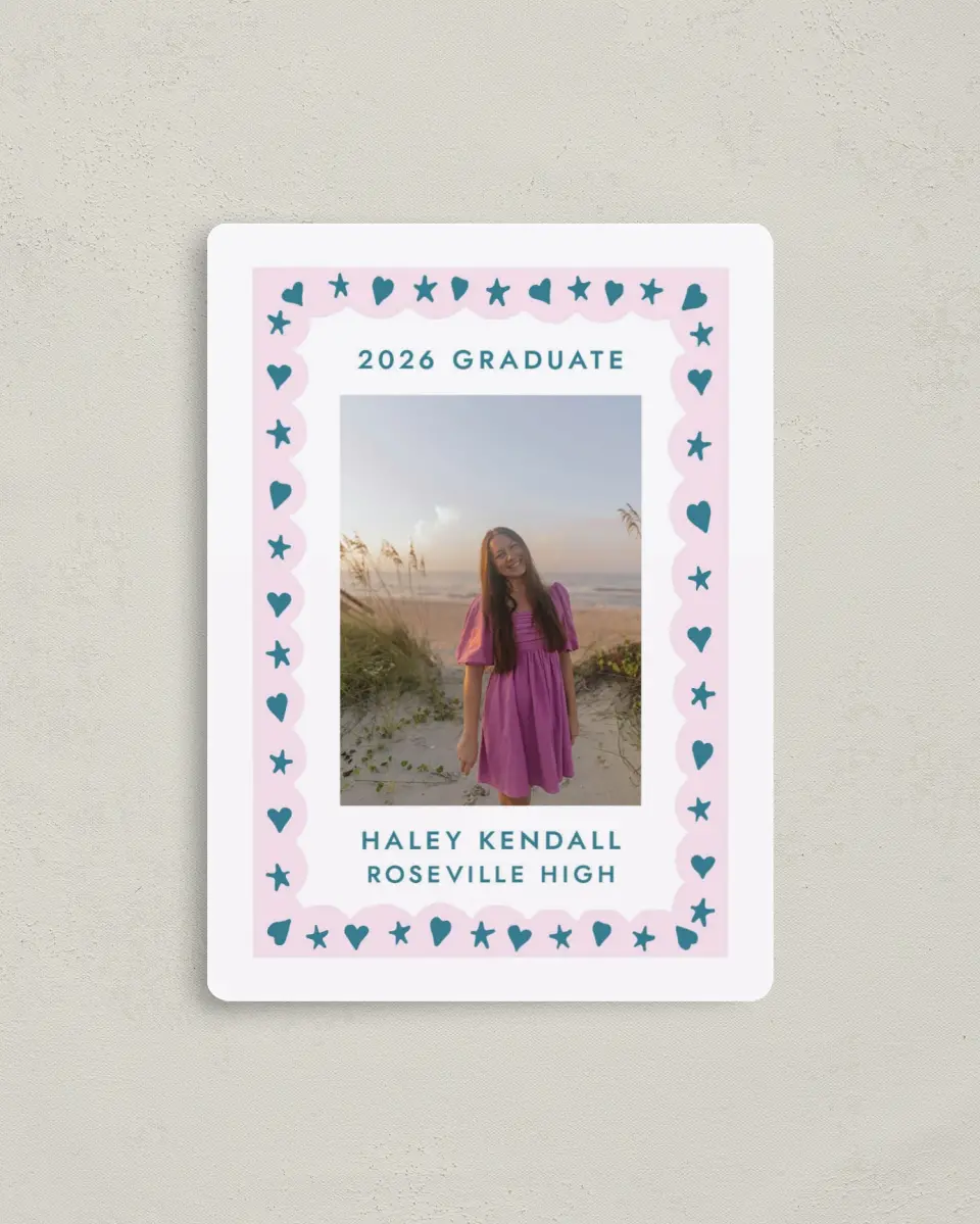 This is a 4" x 5½" Graduation Announcement Magnet called Fun Grad printed in full color with Gold foil and a Luxe Satin finish