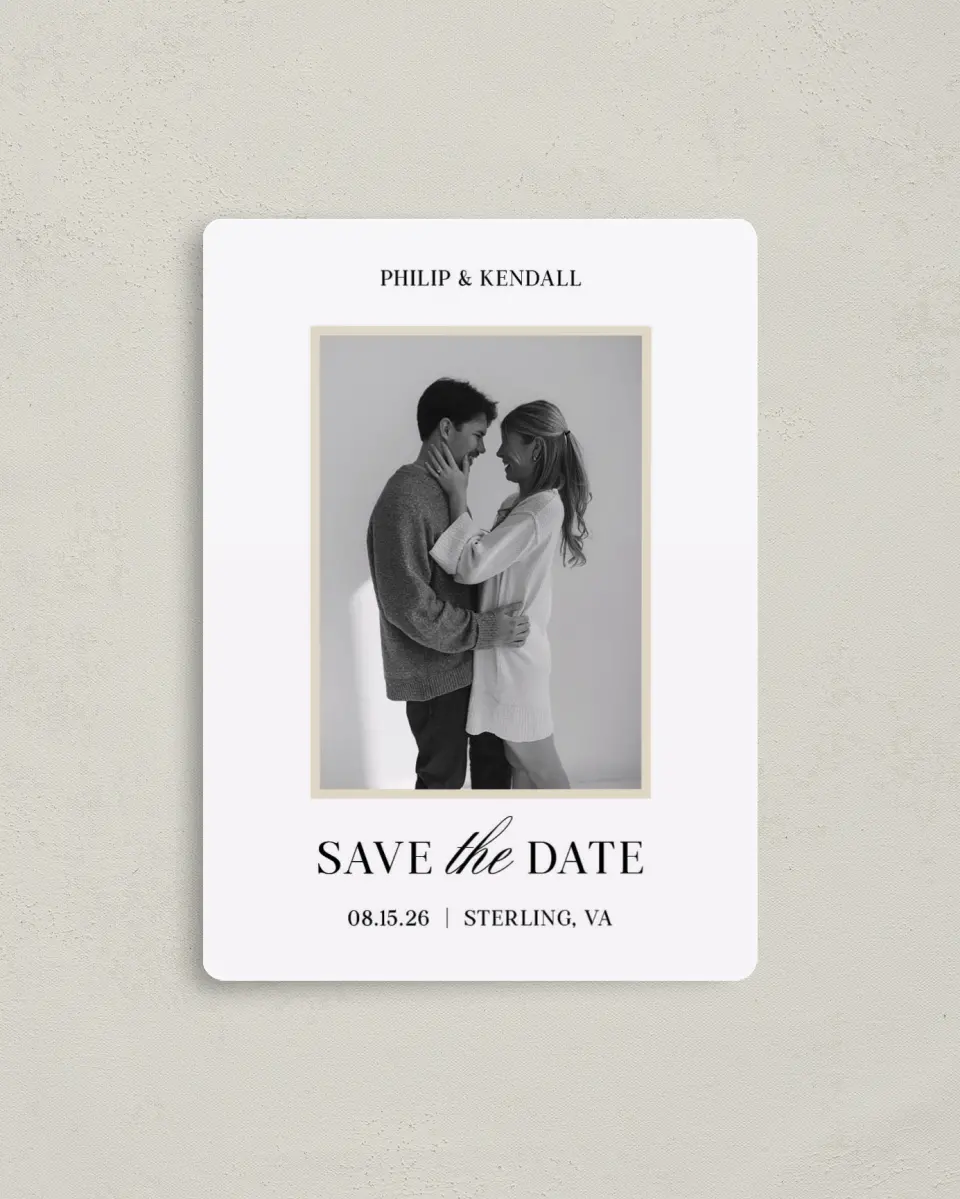 This is a 4" x 5½" Save the Date Magnet called Forever Framed printed in full color with Gold foil and a Luxe Satin finish