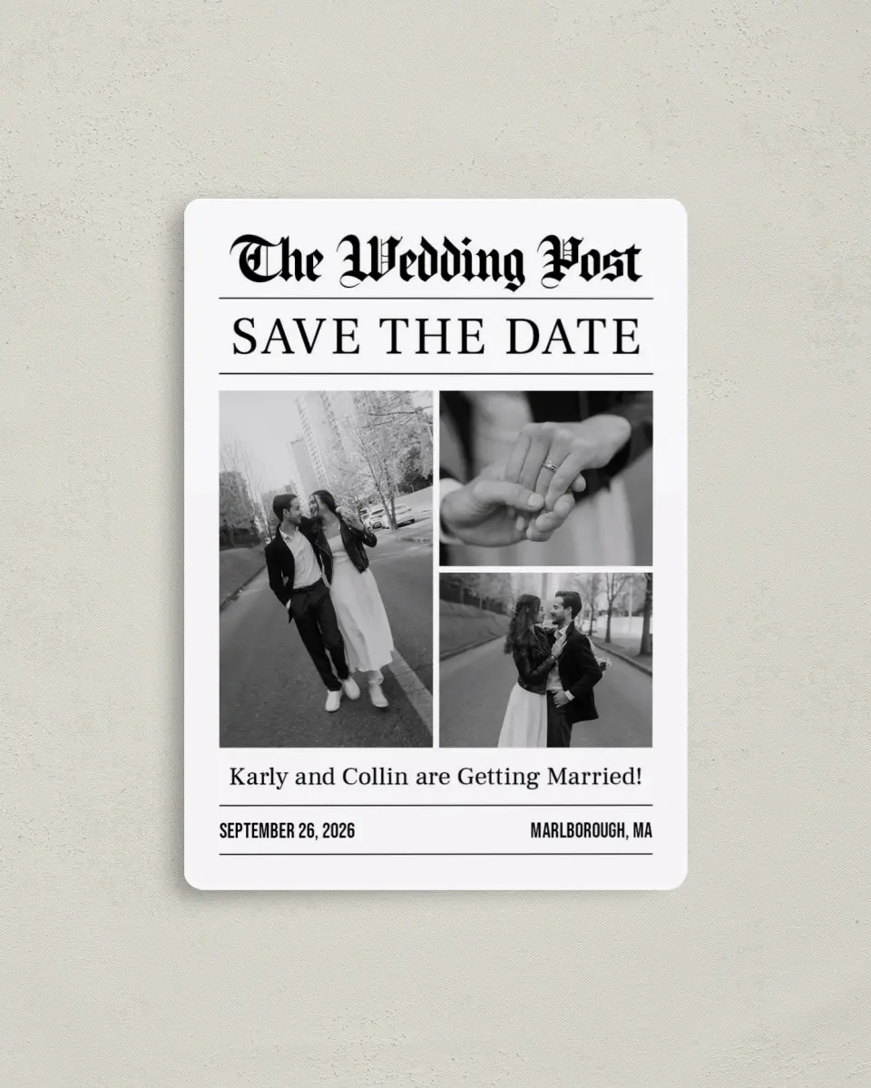 This is a 4" x 5½" Save the Date Magnet called The Wedding Post printed in full color with Gold foil and a Luxe Satin finish