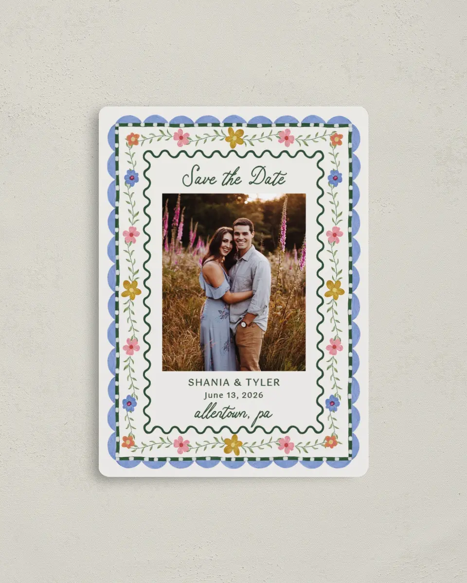This is a 4" x 5½" Save the Date Magnet called Cottage Keepsake printed in full color with Gold foil and a Luxe Satin finish
