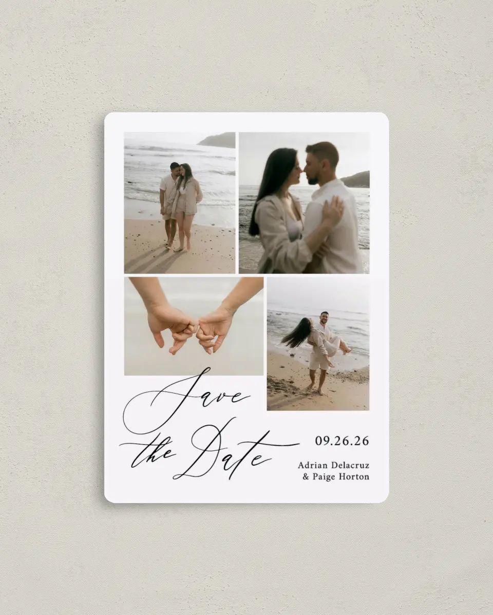 This is a 4" x 5½" Save the Date Magnet called True Promise printed in full color with Gold foil and a Luxe Satin finish