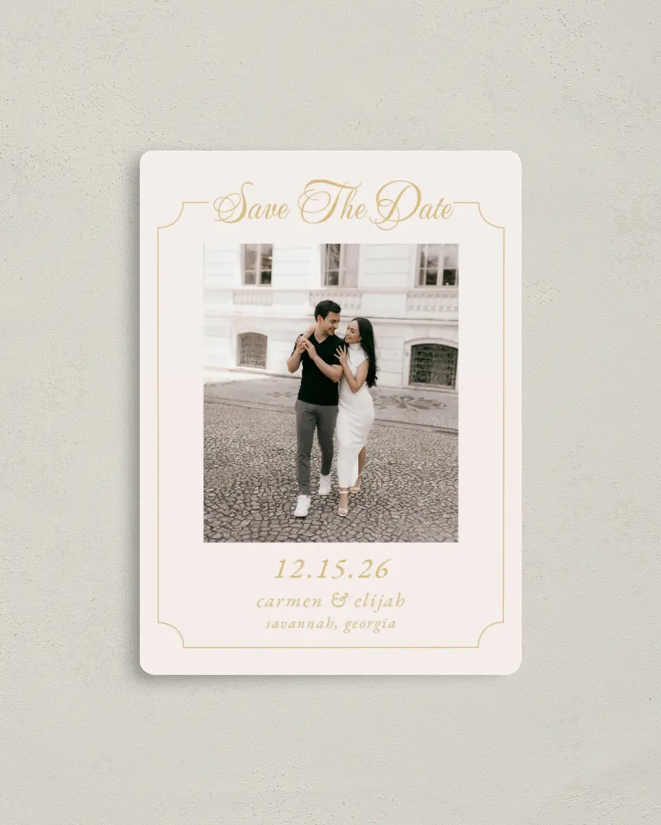 This is a 4" x 5½" Save the Date Magnet called Lovely Frame printed in full color with Gold foil and a Luxe Satin finish