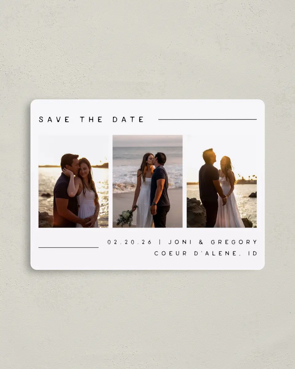 This is a 4" x 5½" Save the Date Magnet called Mine Forever printed in full color with Gold foil and a Luxe Satin finish