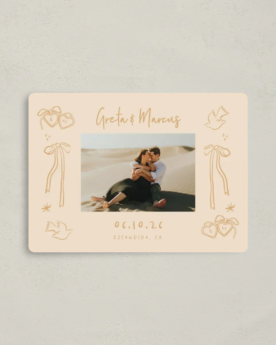 This is a 4" x 5½" Save the Date Magnet called Loving Whimsy printed in full color with Gold foil and a Luxe Satin finish