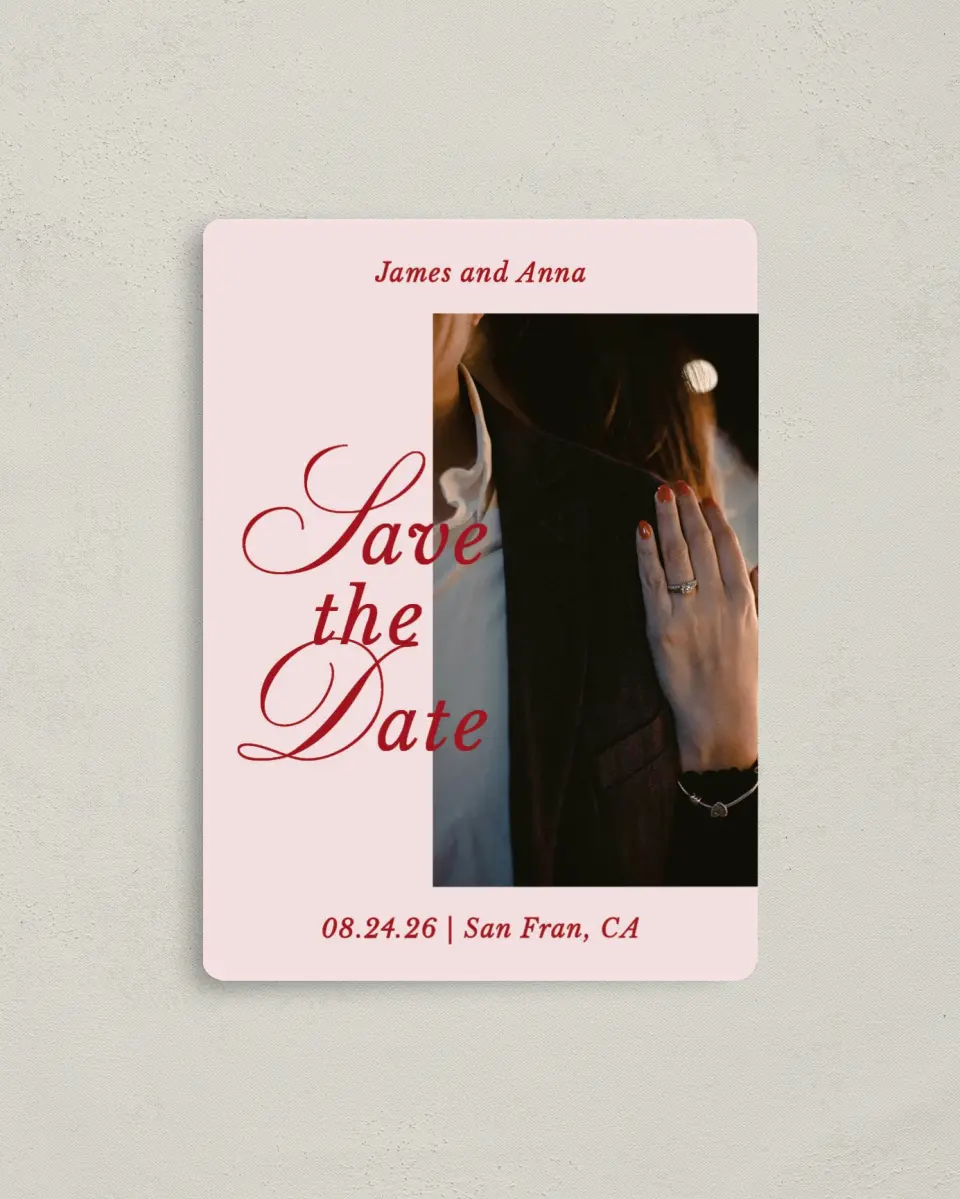 This is a 4" x 5½" Save the Date Magnet called Purely Yours printed in full color with Gold foil and a Luxe Satin finish