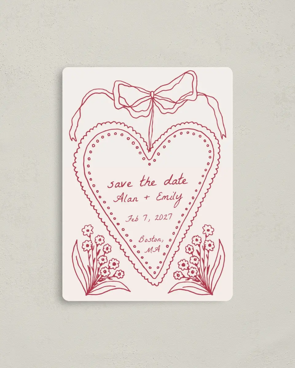 This is a 4" x 5½" Save the Date Magnet called Heart On My Sleeve printed in full color with Gold foil and a Luxe Satin finish