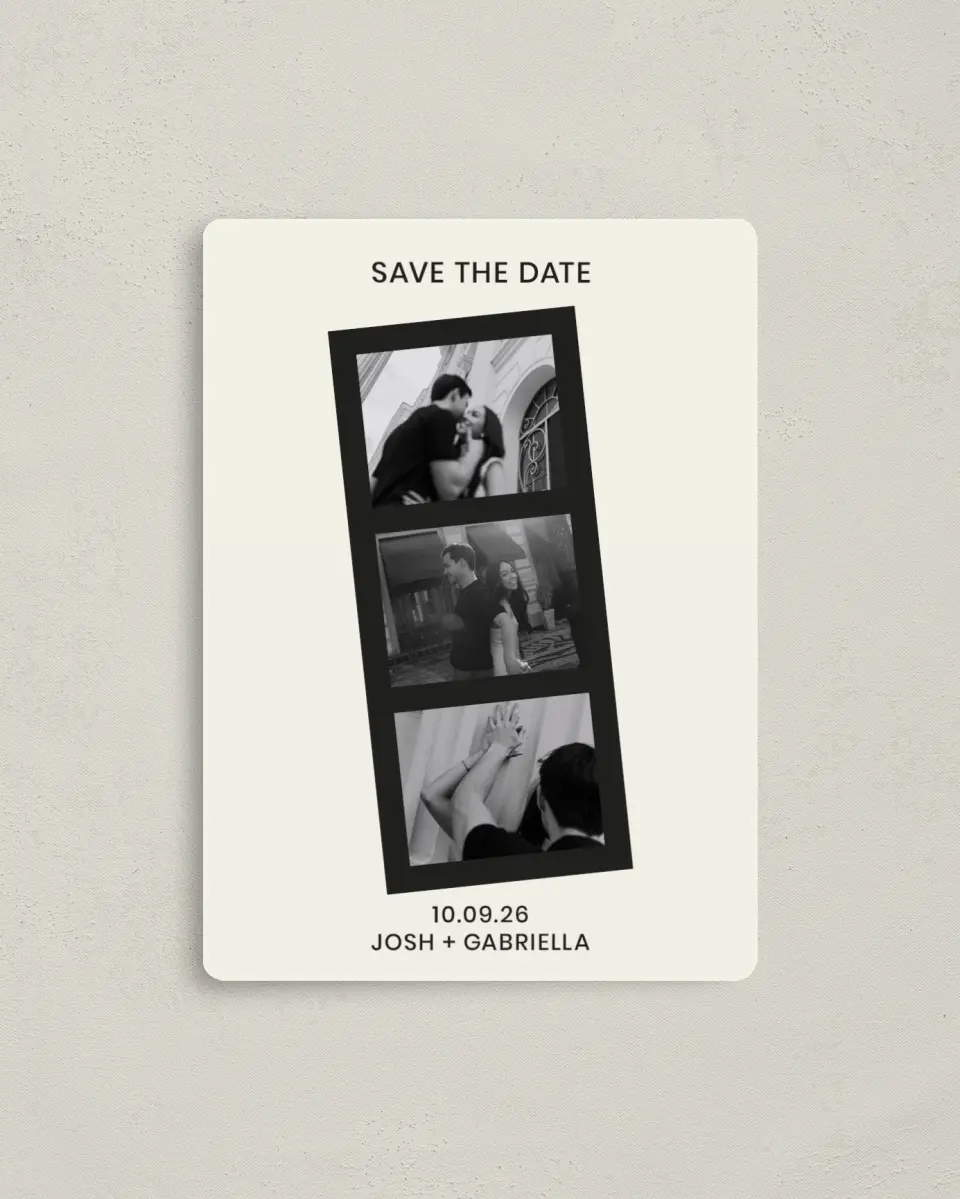 This is a 4" x 5½" Save the Date Magnet called Love on Film printed in full color with Gold foil and a Luxe Satin finish