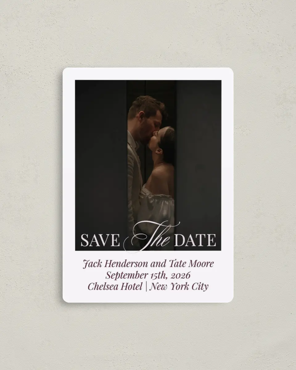 This is a 4" x 5½" Save the Date Magnet called Elegance & Grace printed in full color with Gold foil and a Luxe Satin finish