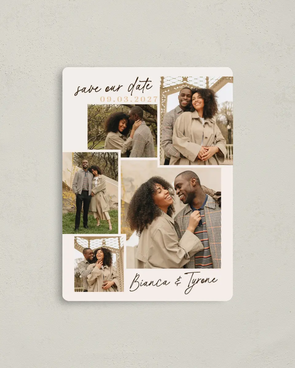 This is a 4" x 5½" Save the Date Magnet called Lovely Bliss printed in full color with Gold foil and a Luxe Satin finish