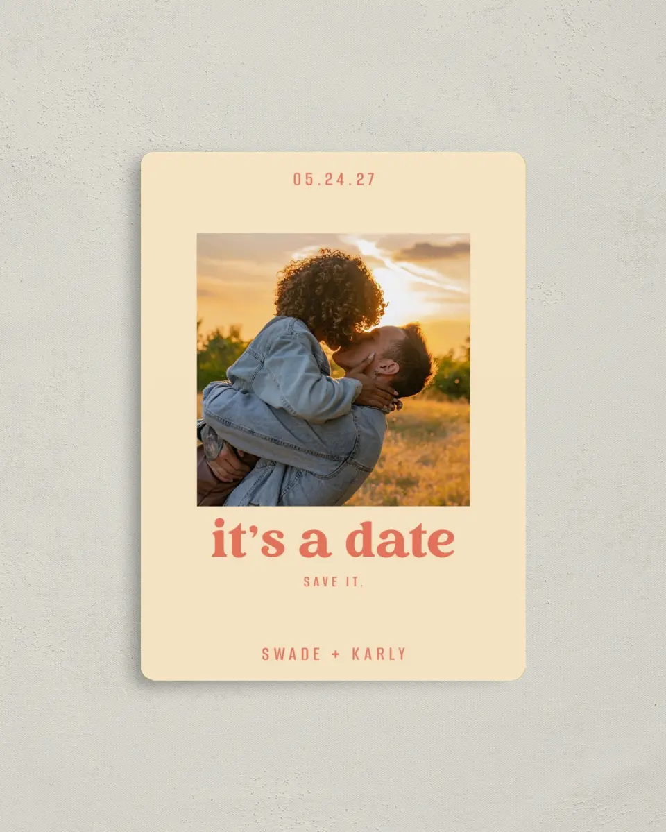This is a 4" x 5½" Save the Date Magnet called Save It printed in full color with Gold foil and a Luxe Satin finish