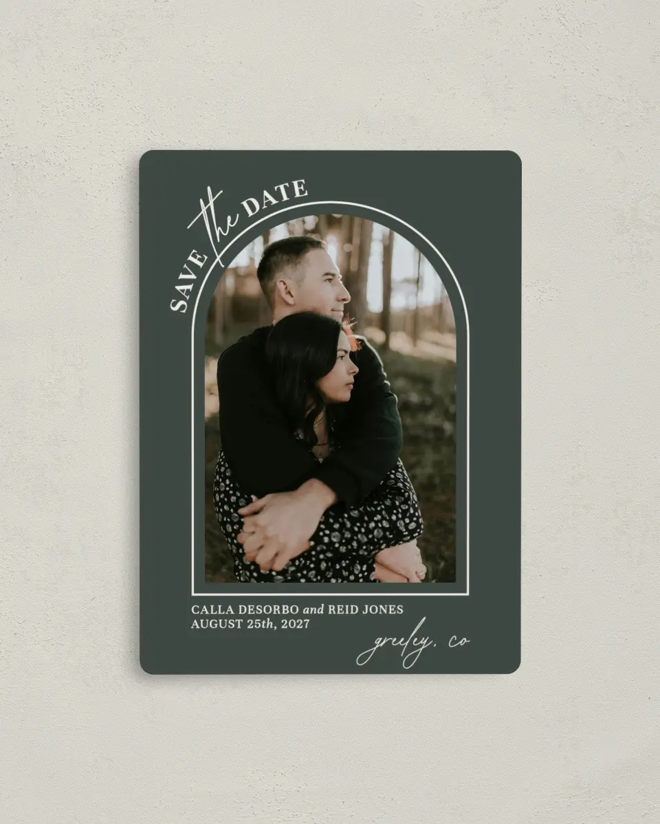 This is a 4" x 5½" Save the Date Magnet called Encompassing Love printed in full color with Gold foil and a Luxe Satin finish