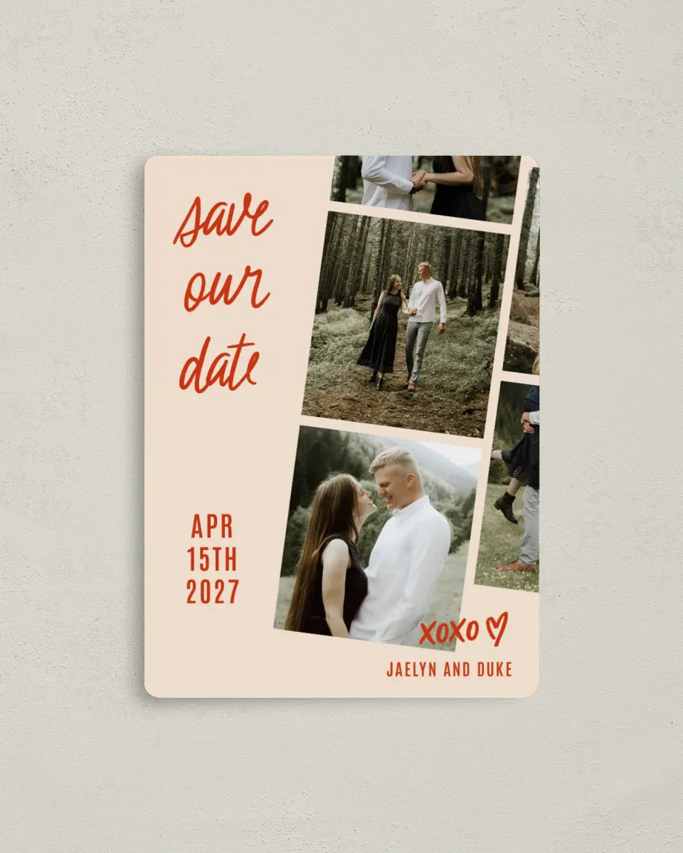 This is a 4" x 5½" Save the Date Magnet called Capture It, Remember It printed in full color with Gold foil and a Luxe Satin finish