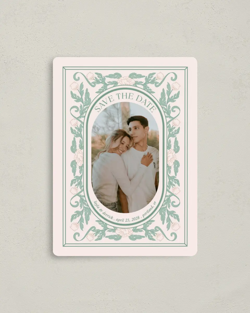 This is a 4" x 5½" Save the Date Magnet called Vintage Dream printed in full color with Gold foil and a Luxe Satin finish