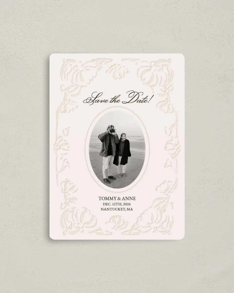 This is a 4" x 5½" Save the Date Magnet called Vintage Paper printed in full color with Gold foil and a Luxe Satin finish