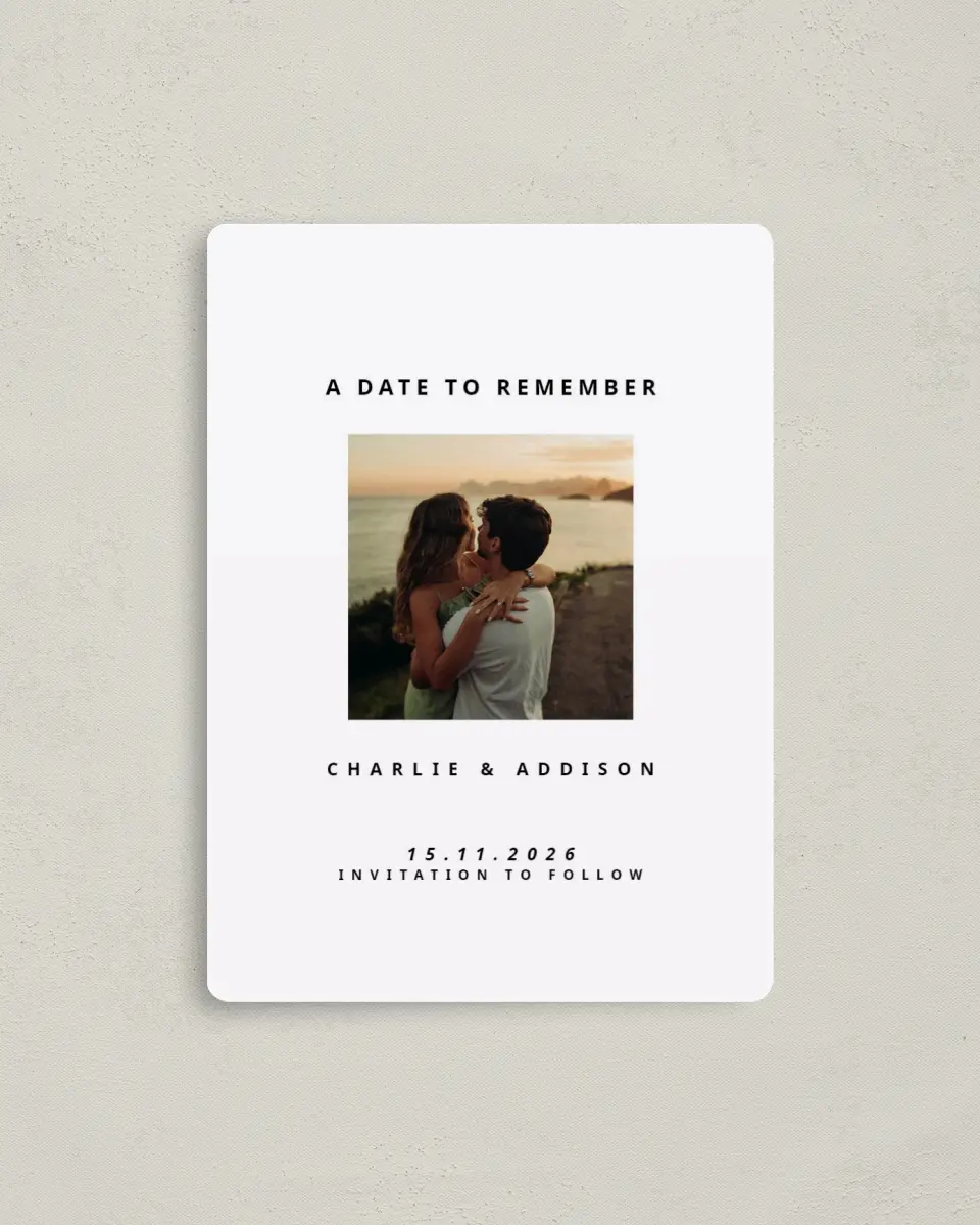 This is a 4" x 5½" Save the Date Magnet called Date to Remember printed in full color with Gold foil and a Luxe Satin finish