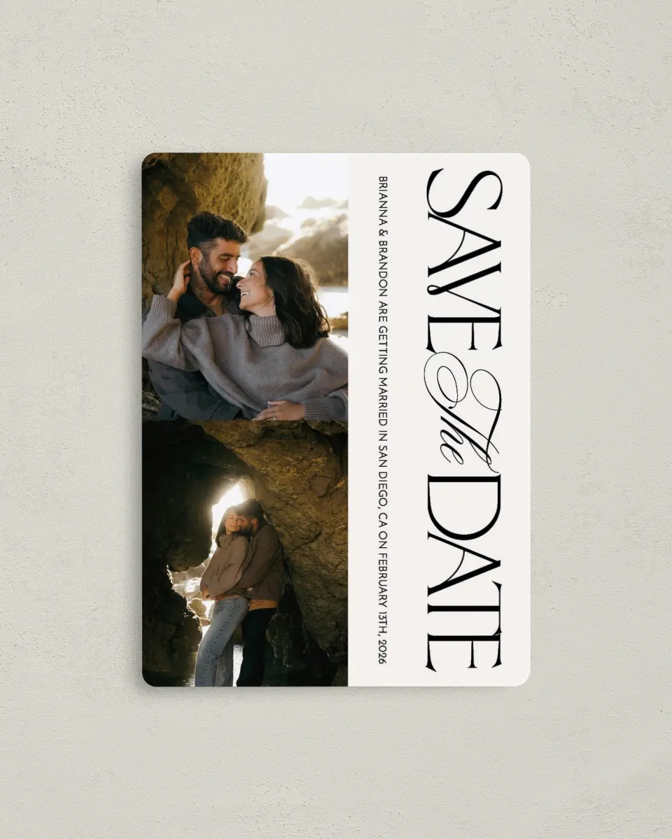 This is a 4" x 5½" Save the Date Magnet called Modern Romance printed in full color with Gold foil and a Luxe Satin finish
