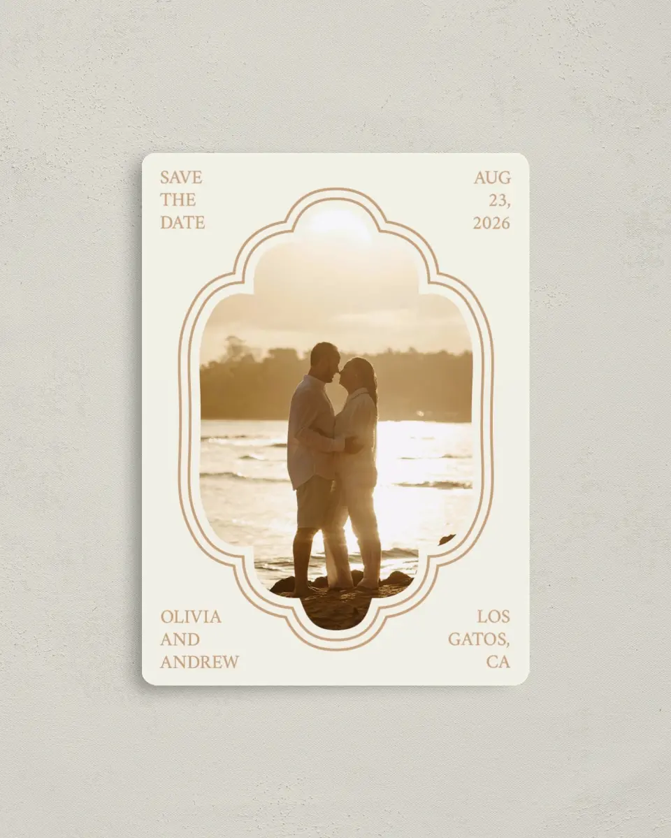 This is a 4" x 5½" Save the Date Magnet called Beaded Veil printed in full color with Gold foil and a Luxe Satin finish
