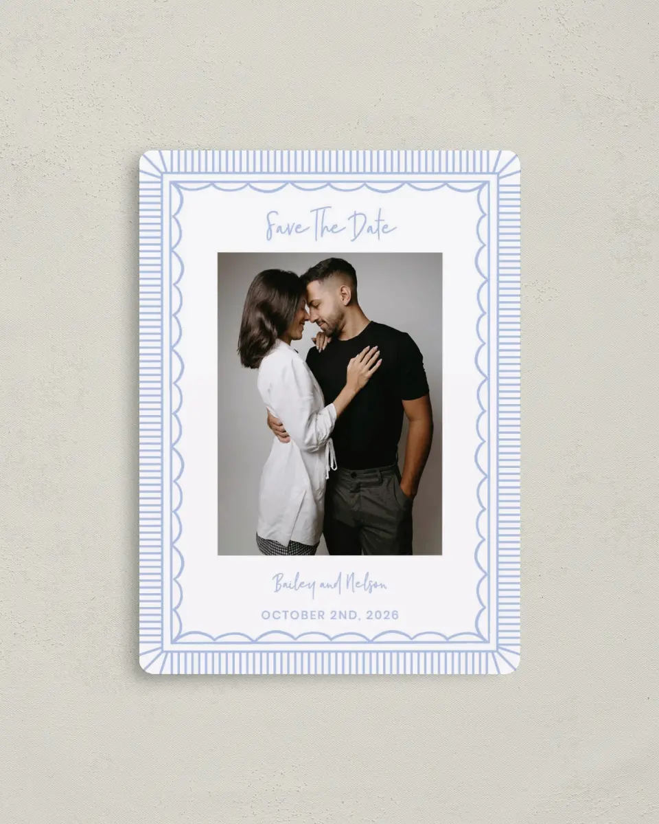 This is a 4" x 5½" Save the Date Magnet called Framed in Flowers printed in full color with Gold foil and a Luxe Satin finish