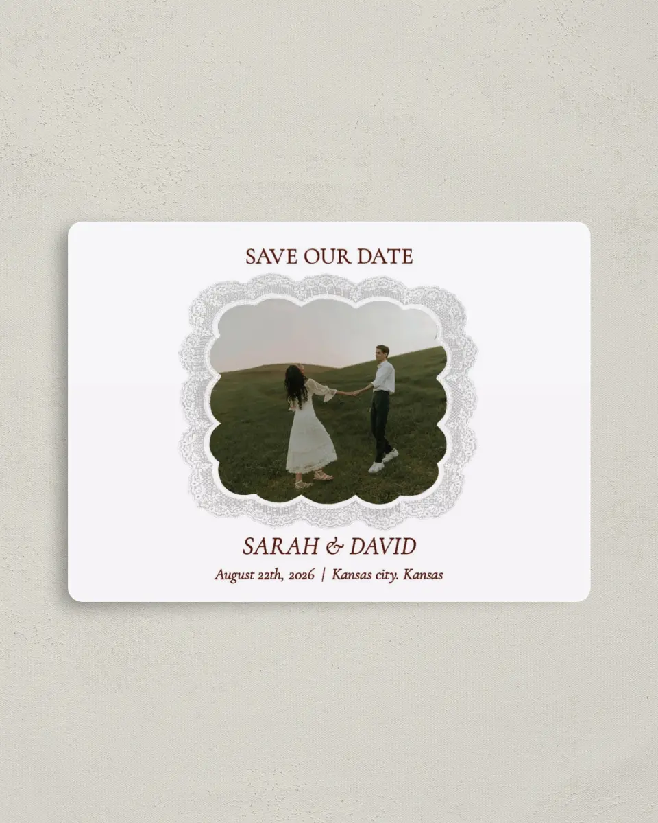 This is a 4" x 5½" Save the Date Magnet called Trimmed Lace printed in full color with Gold foil and a Luxe Satin finish