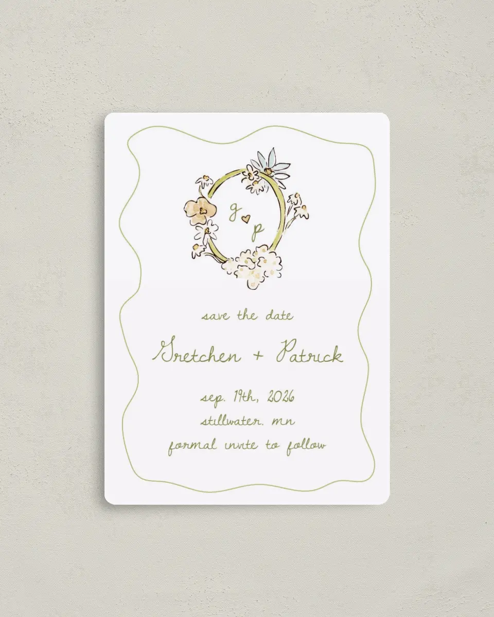 This is a 4" x 5½" Save the Date Magnet called Soft Garden Vows printed in full color with Gold foil and a Luxe Satin finish