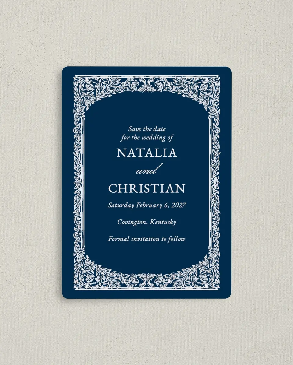 This is a 4" x 5½" Save the Date Magnet called Heirloom Crest printed in full color with Gold foil and a Luxe Satin finish