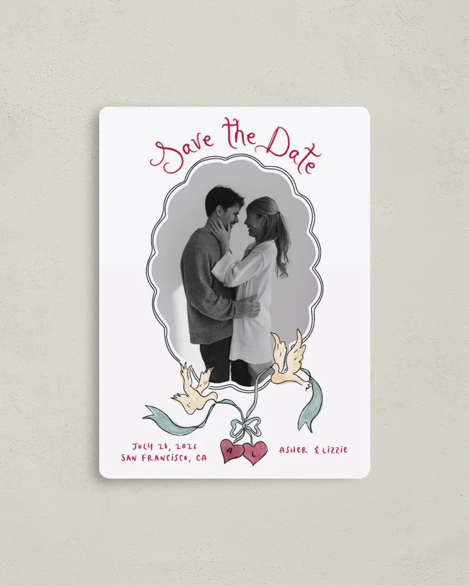 This is a 4" x 5½" Save the Date Magnet called Love Dove printed in full color with a Luxe Satin finish