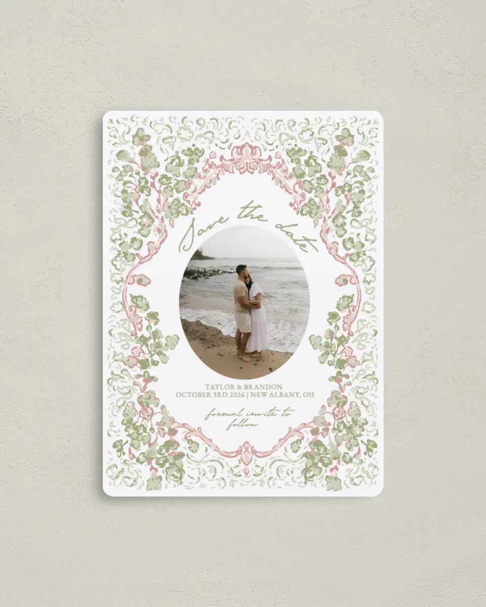 This is a 4" x 5½" Save the Date Magnet called Verdant Romance printed in full color with Gold foil and a Luxe Satin finish