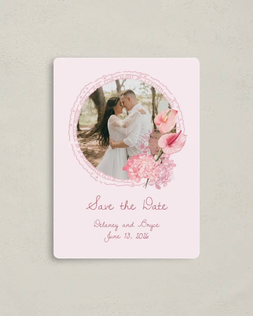 This is a 4" x 5½" Save the Date Magnet called Blushing Whimsy printed in full color with Gold foil and a Luxe Satin finish