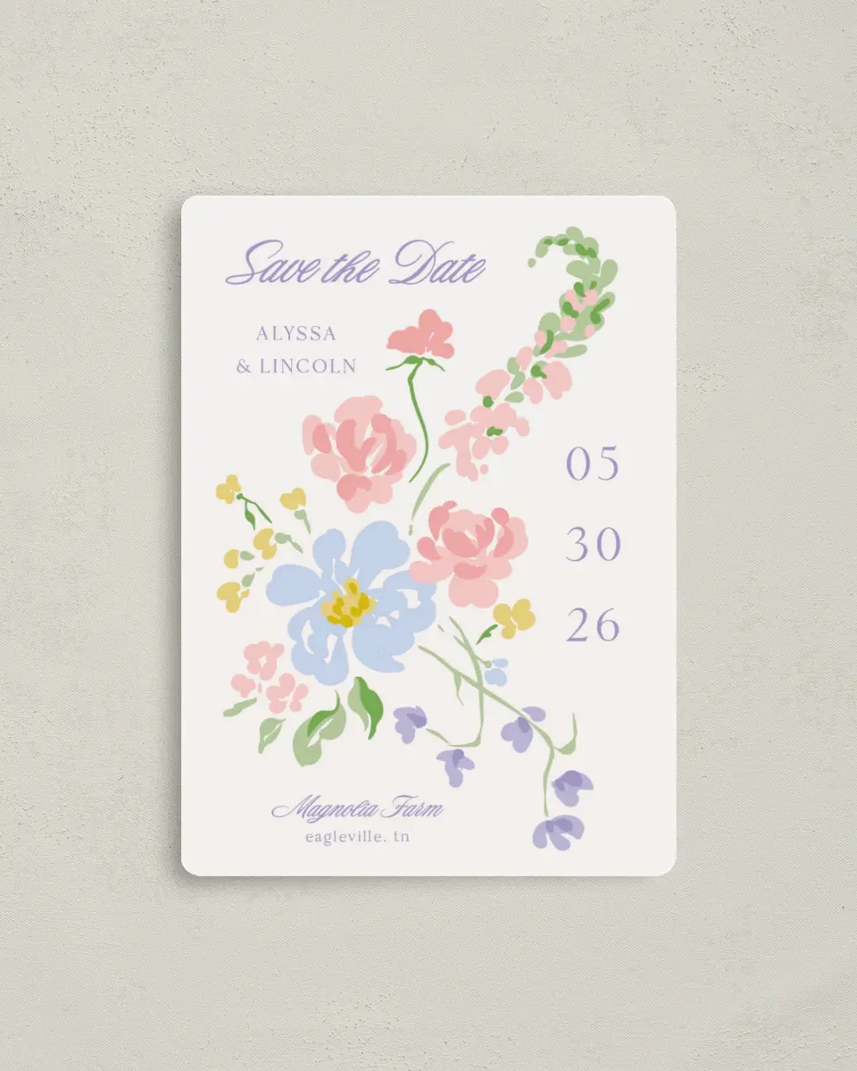 This is a 4" x 5½" Save the Date Magnet called Gentle Garden printed in full color with Gold foil and a Luxe Satin finish