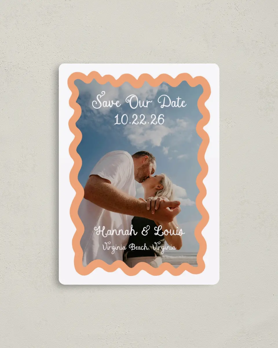 This is a 4" x 5½" Save the Date Magnet called Wavy Love printed in full color with Gold foil and a Luxe Satin finish