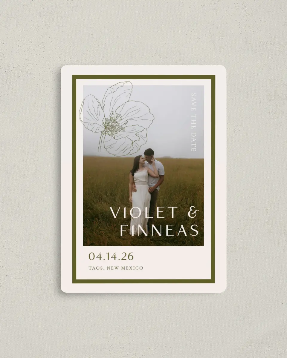 This is a 4" x 5½" Save the Date Magnet called Delicate Love printed in full color with Gold foil and a Luxe Satin finish