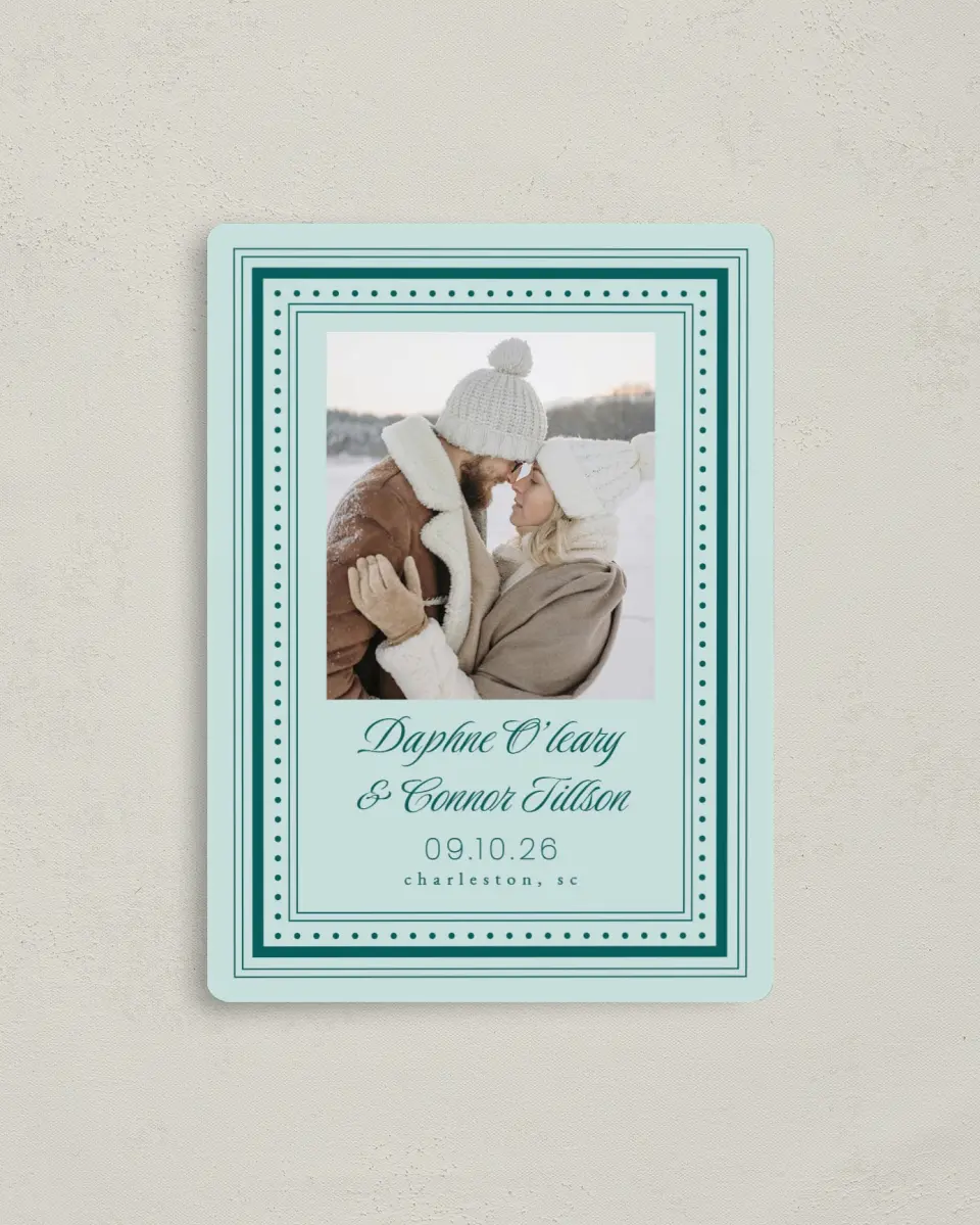 This is a 4" x 5½" Save the Date Magnet called Faithful Frame printed in full color with Gold foil and a Luxe Satin finish