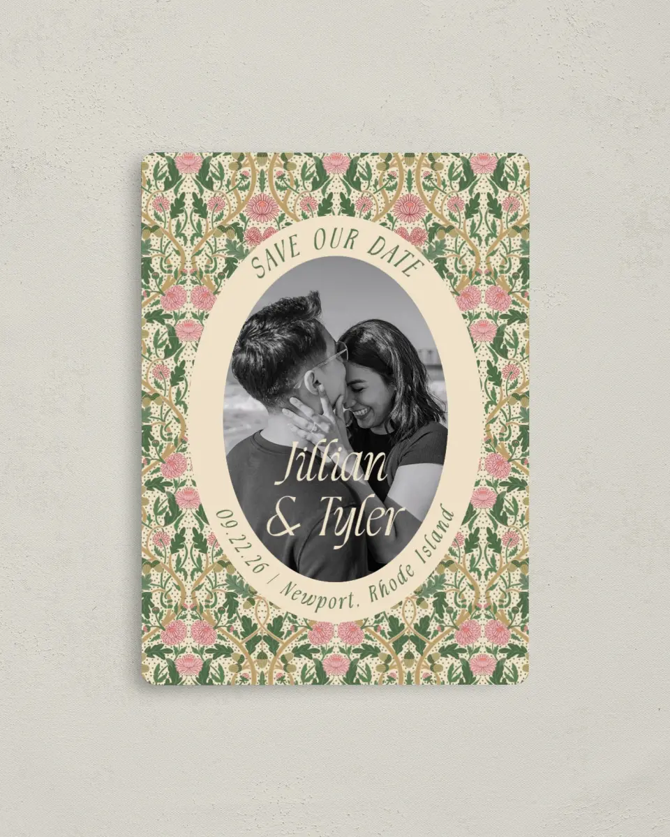 This is a 4" x 5½" Save the Date Magnet called Regal Garden printed in full color with Gold foil and a Luxe Satin finish