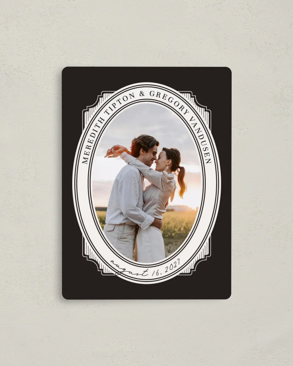 This is a 4" x 5½" Save the Date Magnet called Opulent Endearment printed in full color with Gold foil and a Luxe Satin finish
