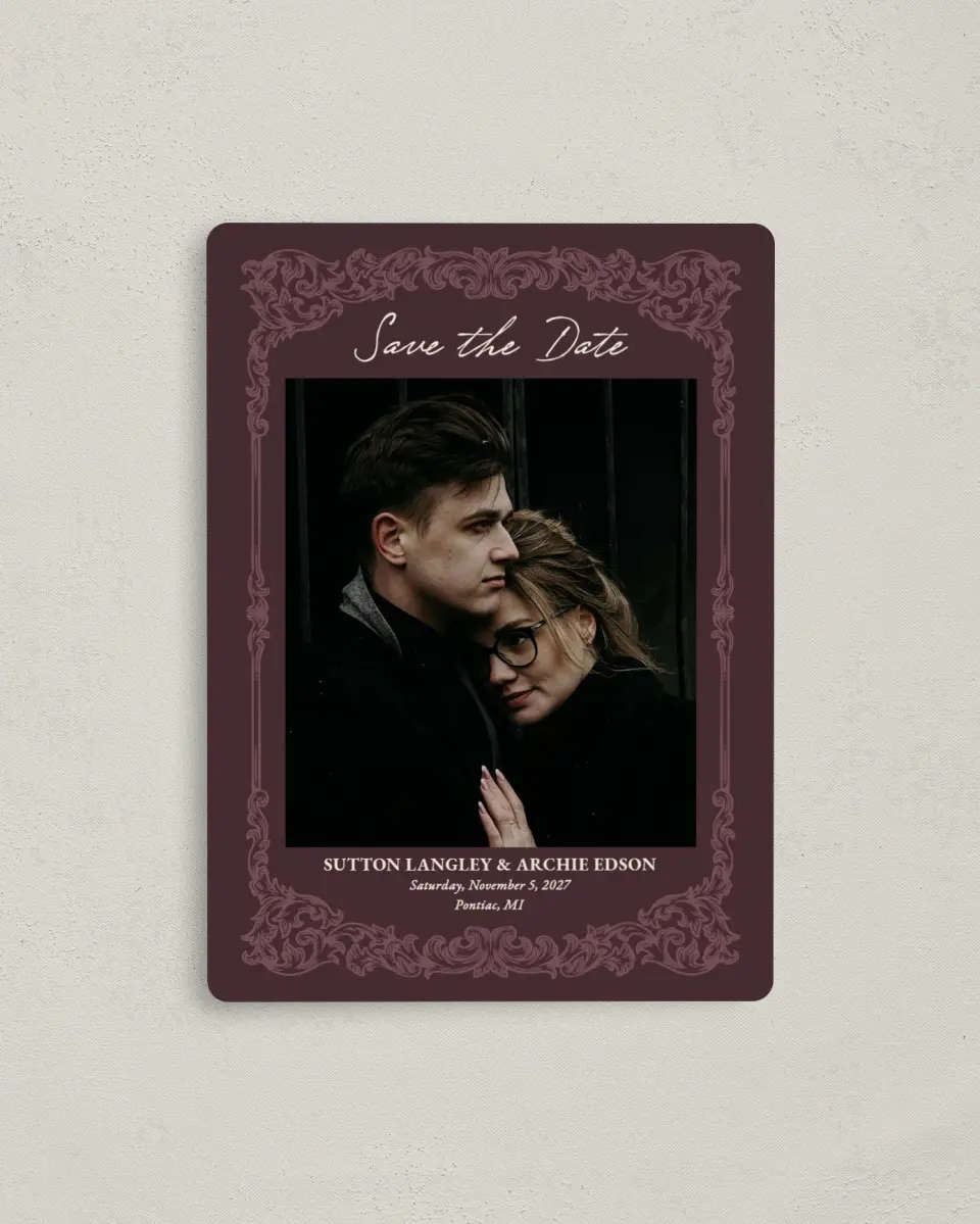 This is a 4" x 5½" Save the Date Magnet called Victorian Aura printed in full color with a Luxe Satin finish