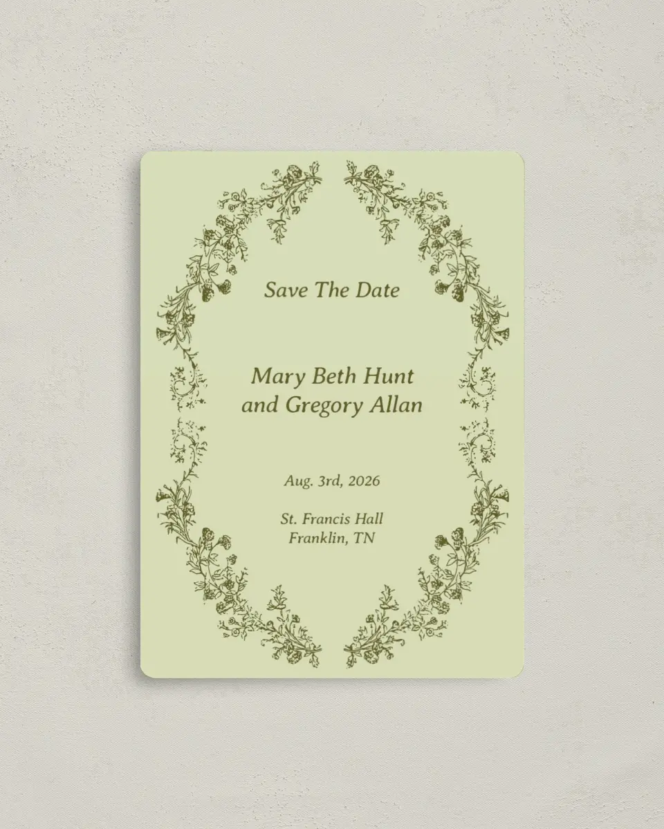 This is a 4" x 5½" Save the Date Magnet called Vintage Chinoiserie printed in full color with Gold foil and a Luxe Satin finish