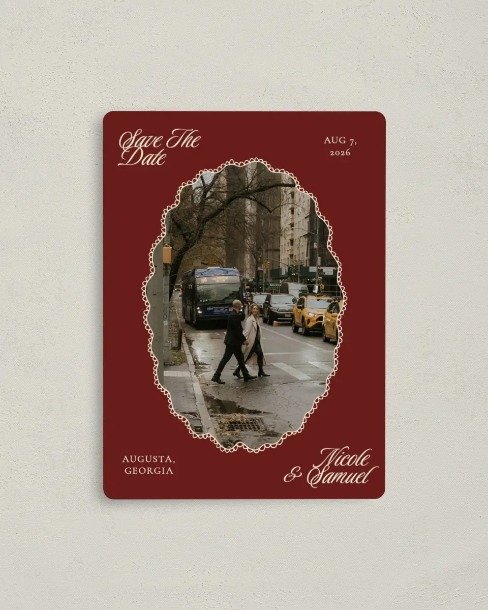 This is a 4" x 5½" Save the Date Magnet called Bloom & Crest printed in full color with Gold foil and a Luxe Satin finish