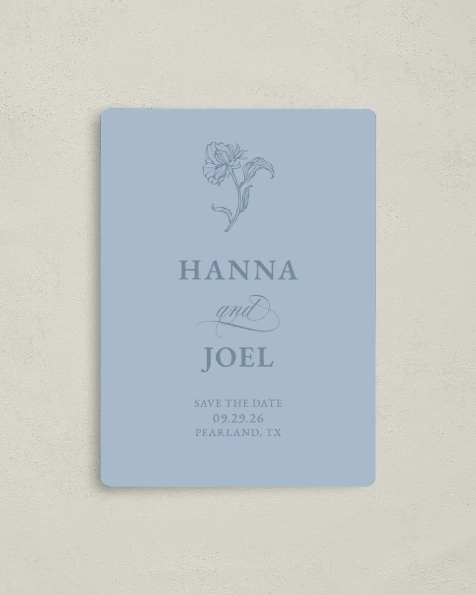 This is a 4" x 5½" Save the Date Magnet called Pressed Petals printed in full color with a Luxe Satin finish