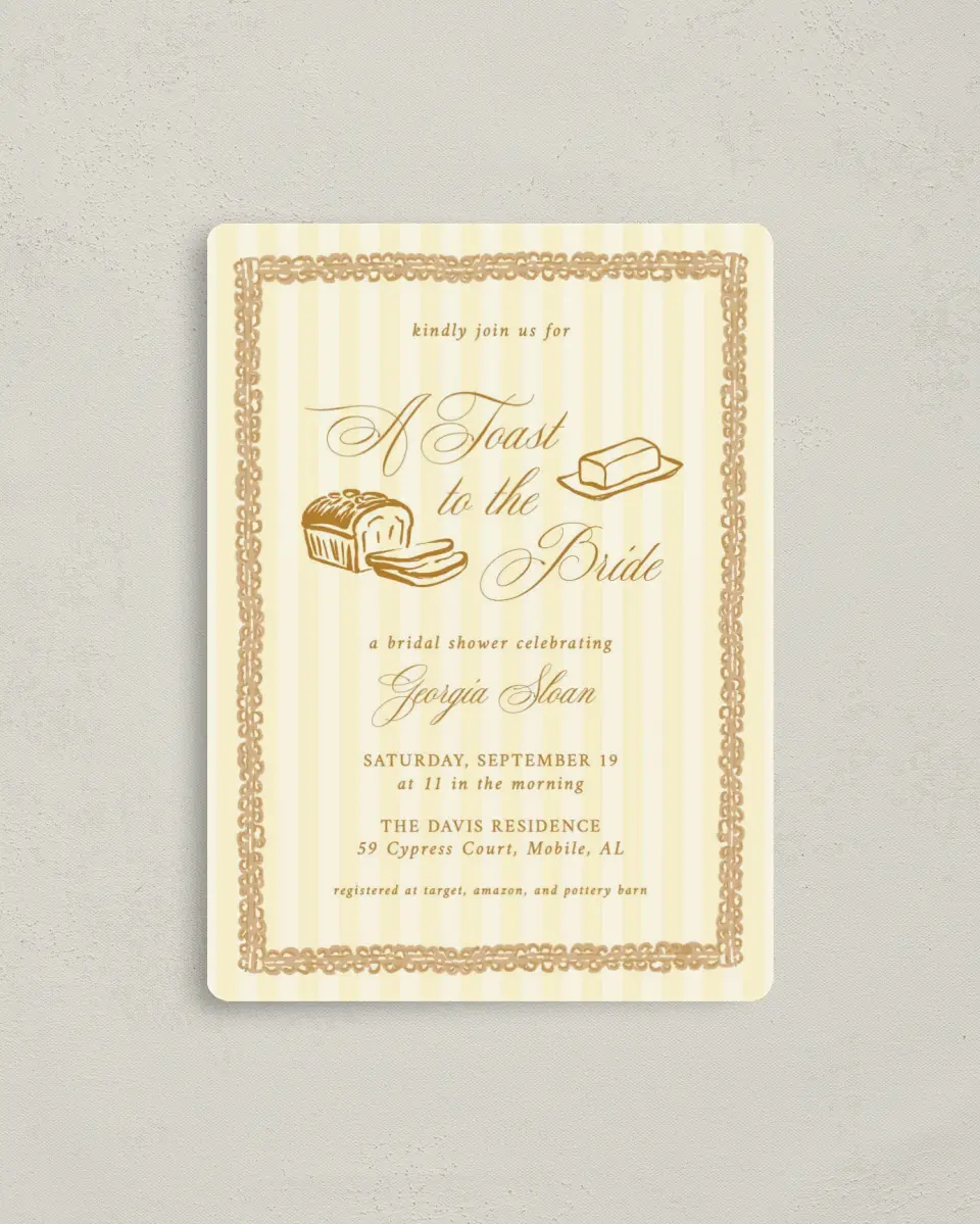 This is a 4" x 5½" Bridal Shower Invitation Magnet called Toast to the Bride printed in full color with a Luxe Satin finish