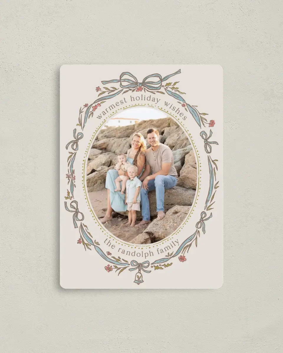 This is a 4" x 5½" Christmas Card called Charming Wreath printed in full color with a Luxe Satin finish