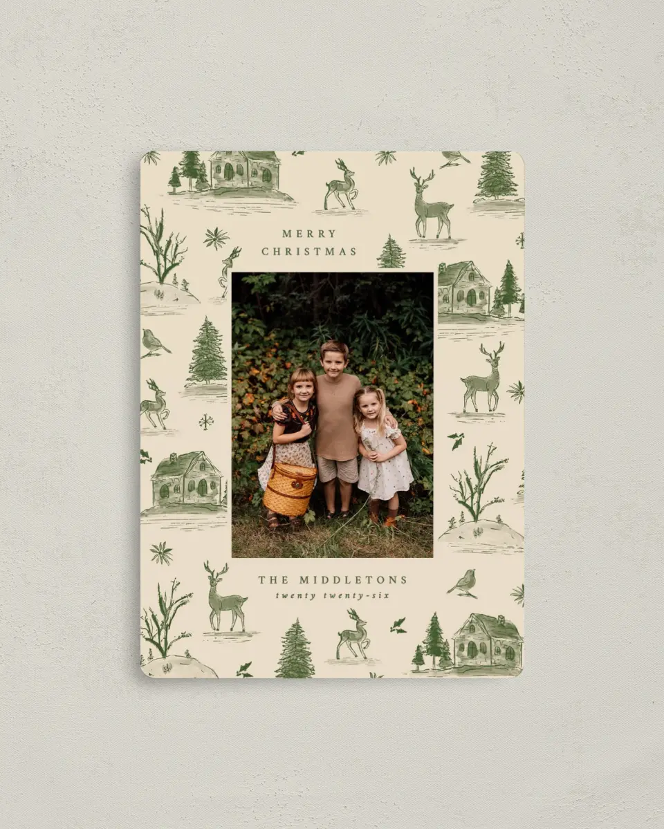 This is a 4" x 5½" Christmas Card called Countryside Toile printed in full color with a Luxe Satin finish