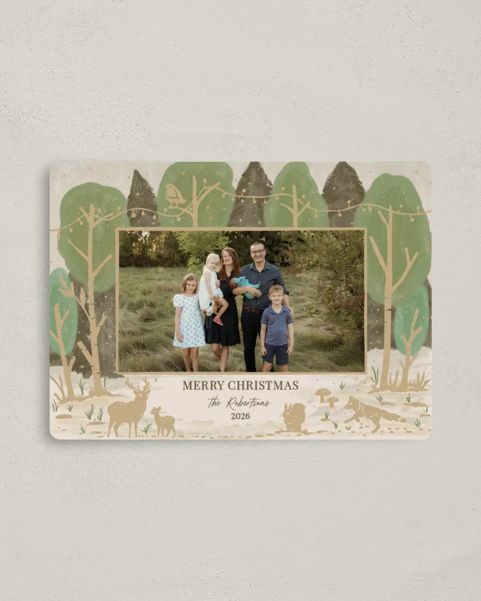 This is a 4" x 5½" Christmas Card called Rustic Woodland printed in full color with Rose Gold foil and a Luxe Satin finish
