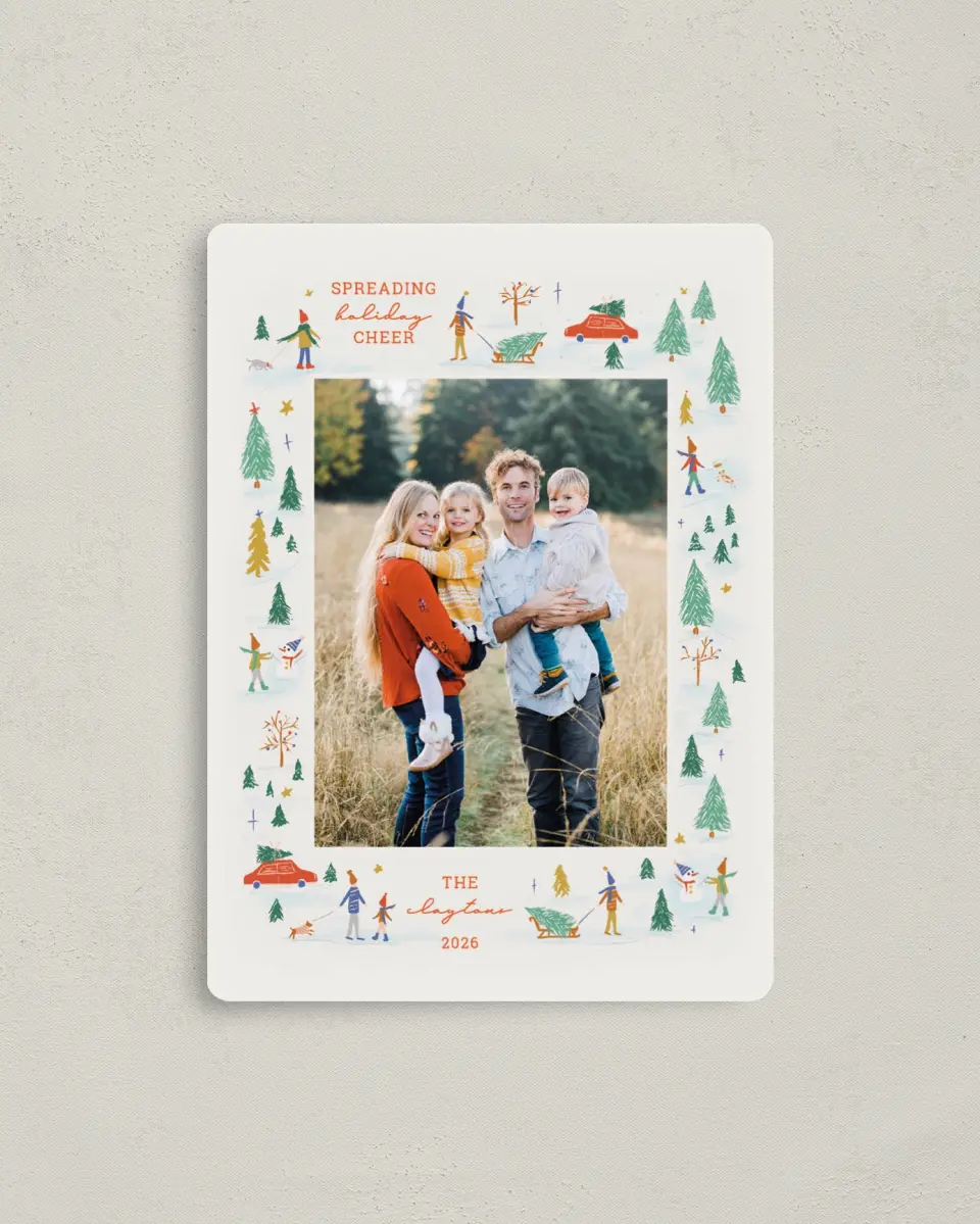 This is a 4" x 5½" Christmas Card called Festive Fun printed in full color with Rose Gold foil and a Luxe Satin finish