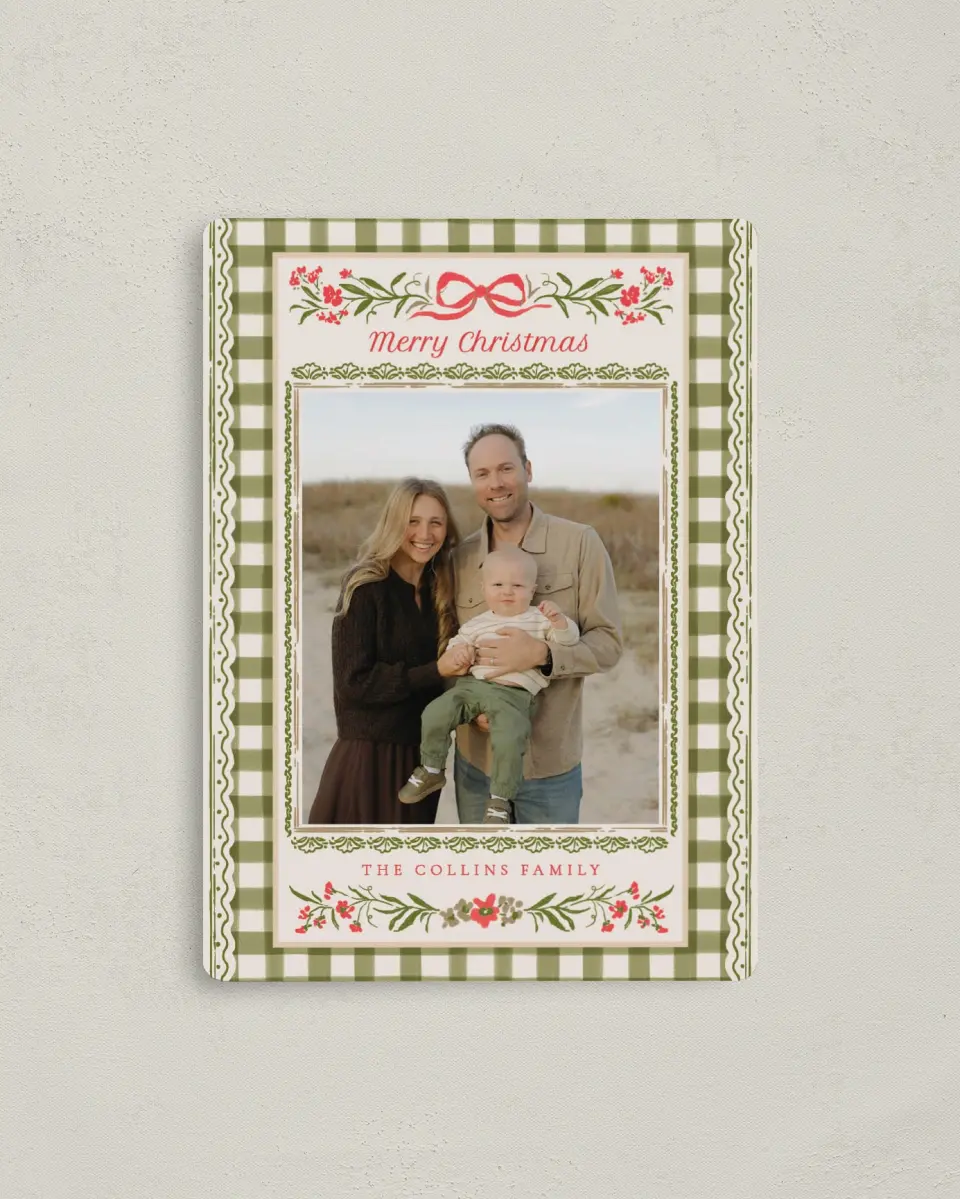 This is a 4" x 5½" Christmas Card called Darling Gingham printed in full color with a Luxe Satin finish