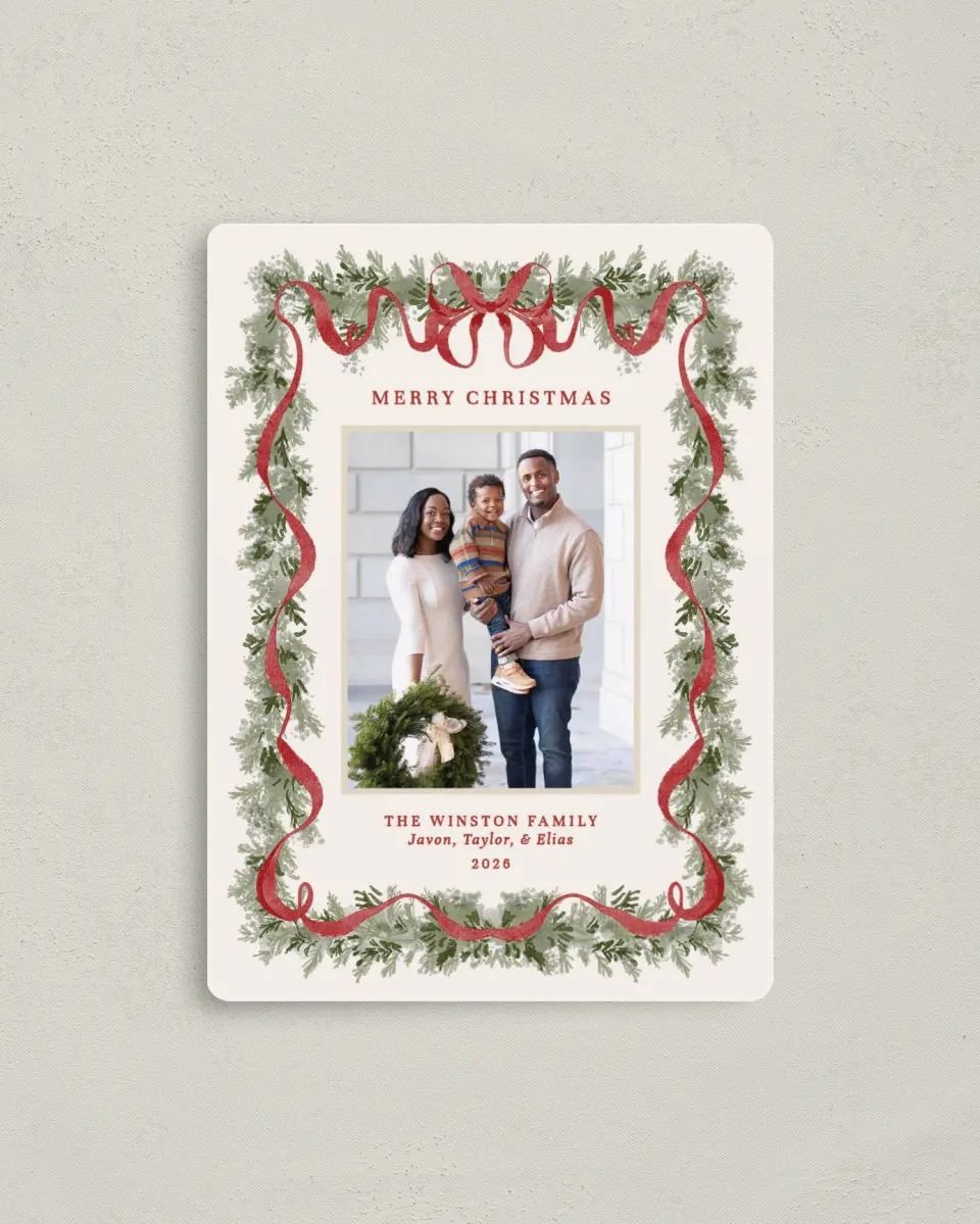 This is a 4" x 5½" Christmas Card called Classy Garland printed in full color with a Luxe Satin finish