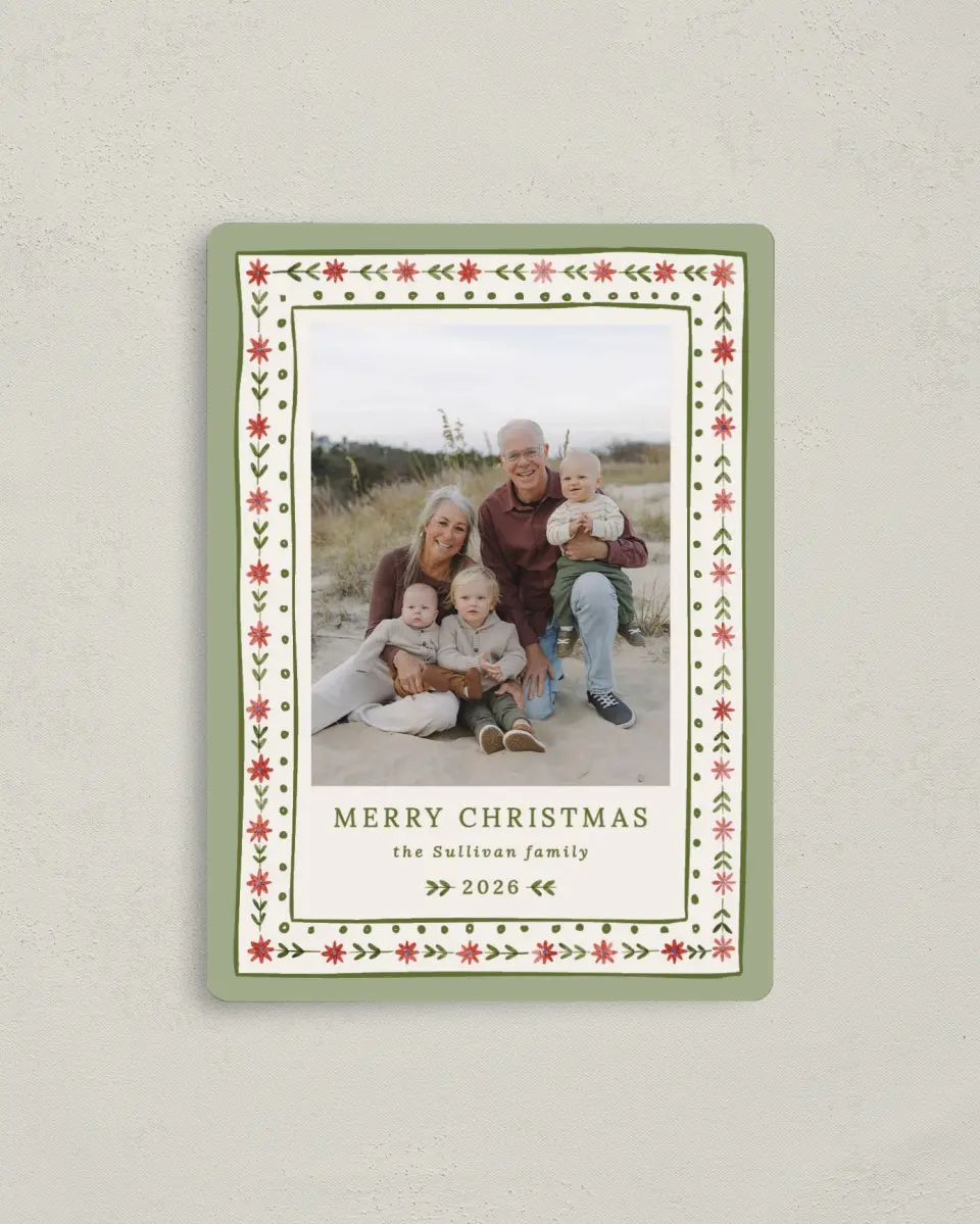 This is a 4" x 5½" Christmas Card called Folksy Floral printed in full color with Silver foil and a Luxe Satin finish