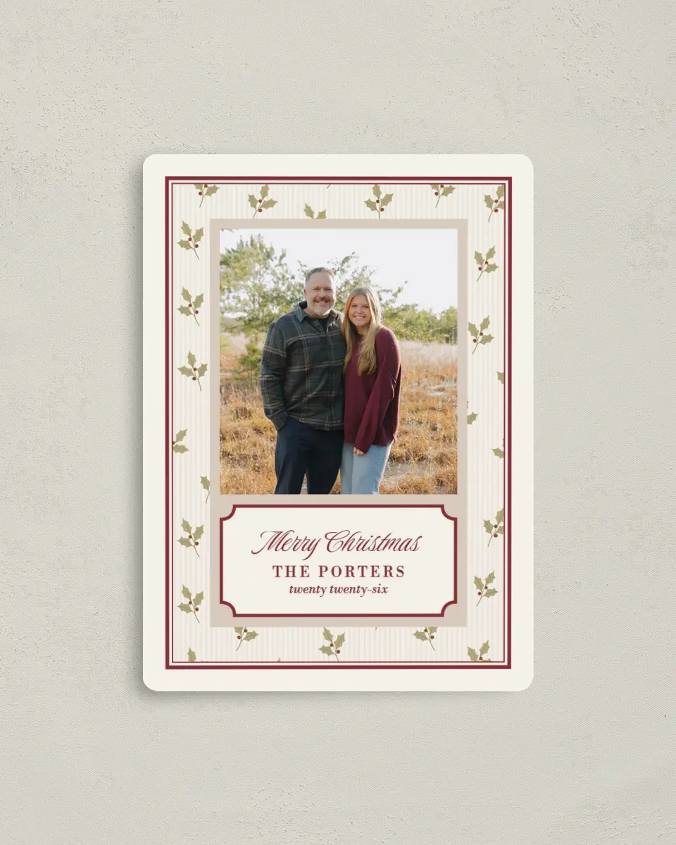 This is a 4" x 5½" Christmas Card called Holly Stripe printed in full color with a Luxe Satin finish
